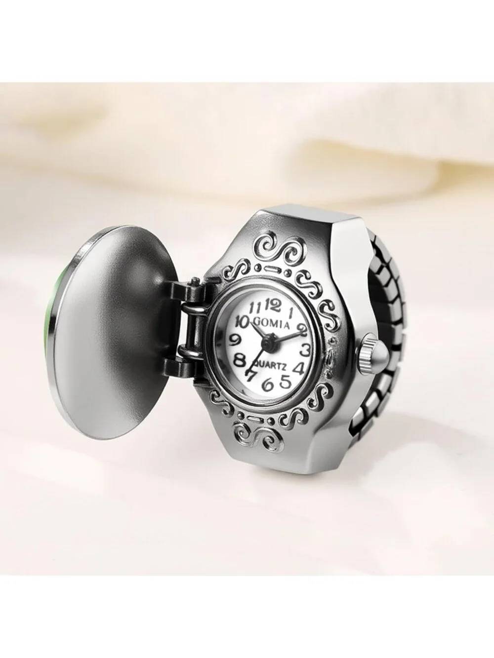 Unisex Silver And Green Analog Elastic Band Stainless Steel Stretchy Ring Watch